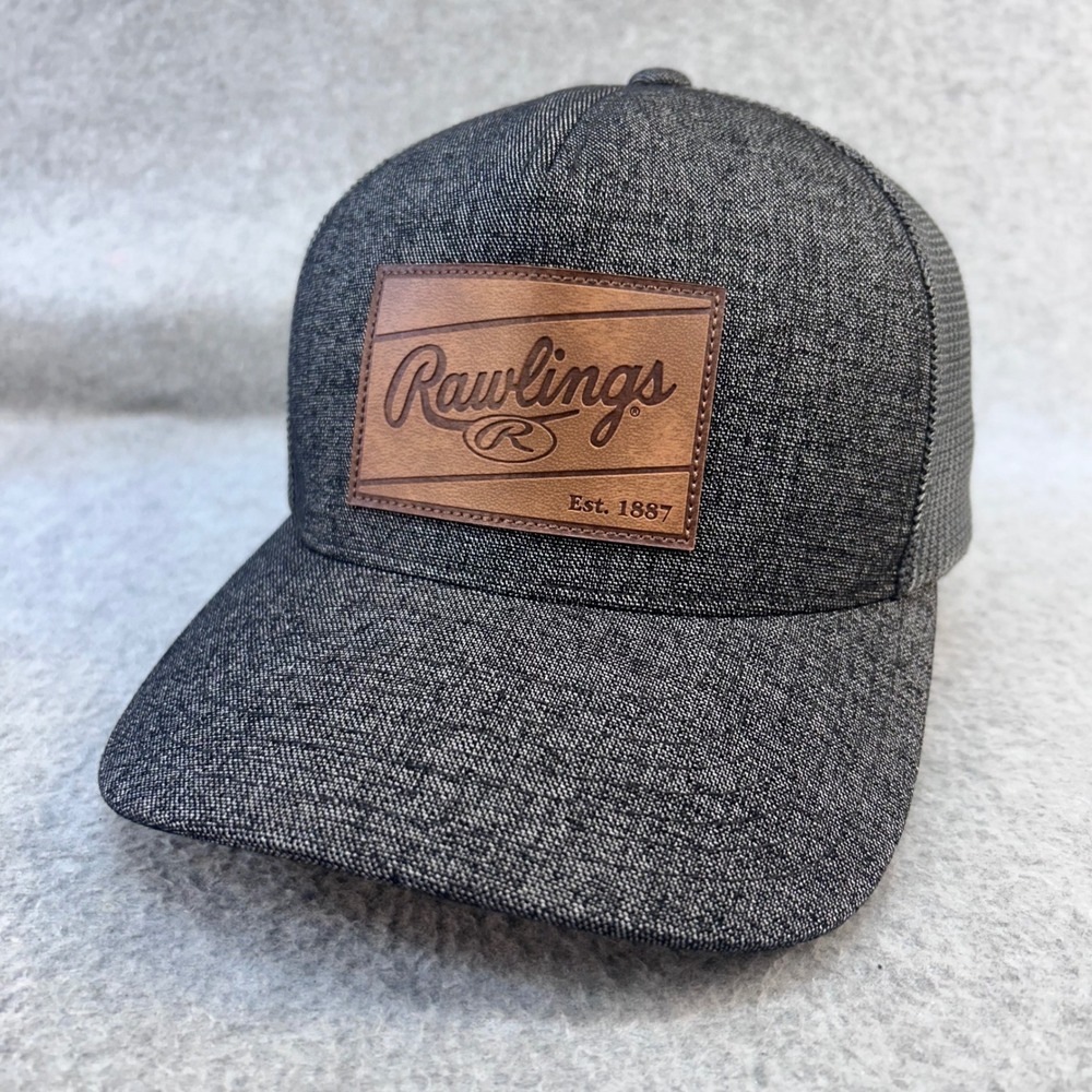 Rawlings Leather Patch Logo Mens Gray Trucker Hat Snapback Flexfit 110 OSFM